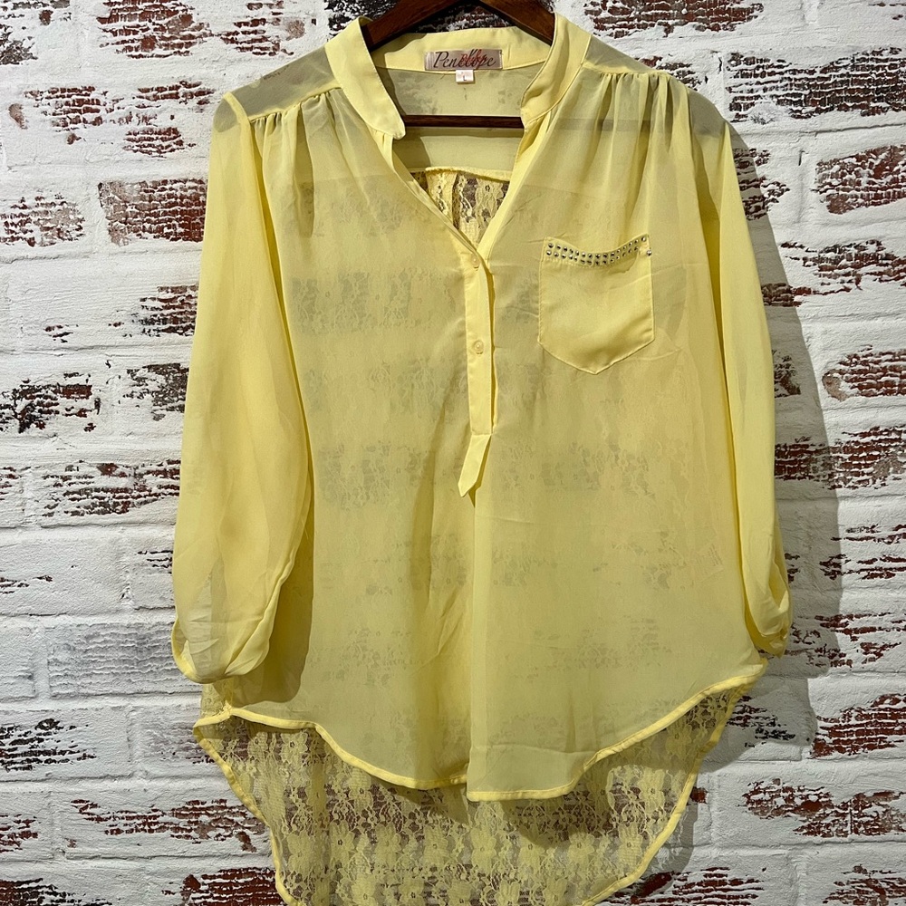 Penelope Project Sheer Blouse Lace Tunic Back Bright Yellow Summer Size L